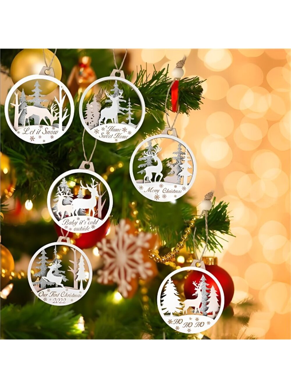 Christmas Wooden 3D Hand Carved Winter Wonderland Ornaments, 6 PCS